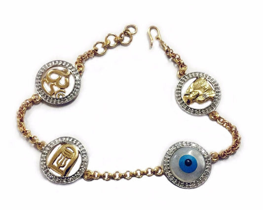Evil Eye, Aum, Shiv Trishul and ShivLing and Sai Ram all in one, gold bracelet with diamonds - Jewelslane
