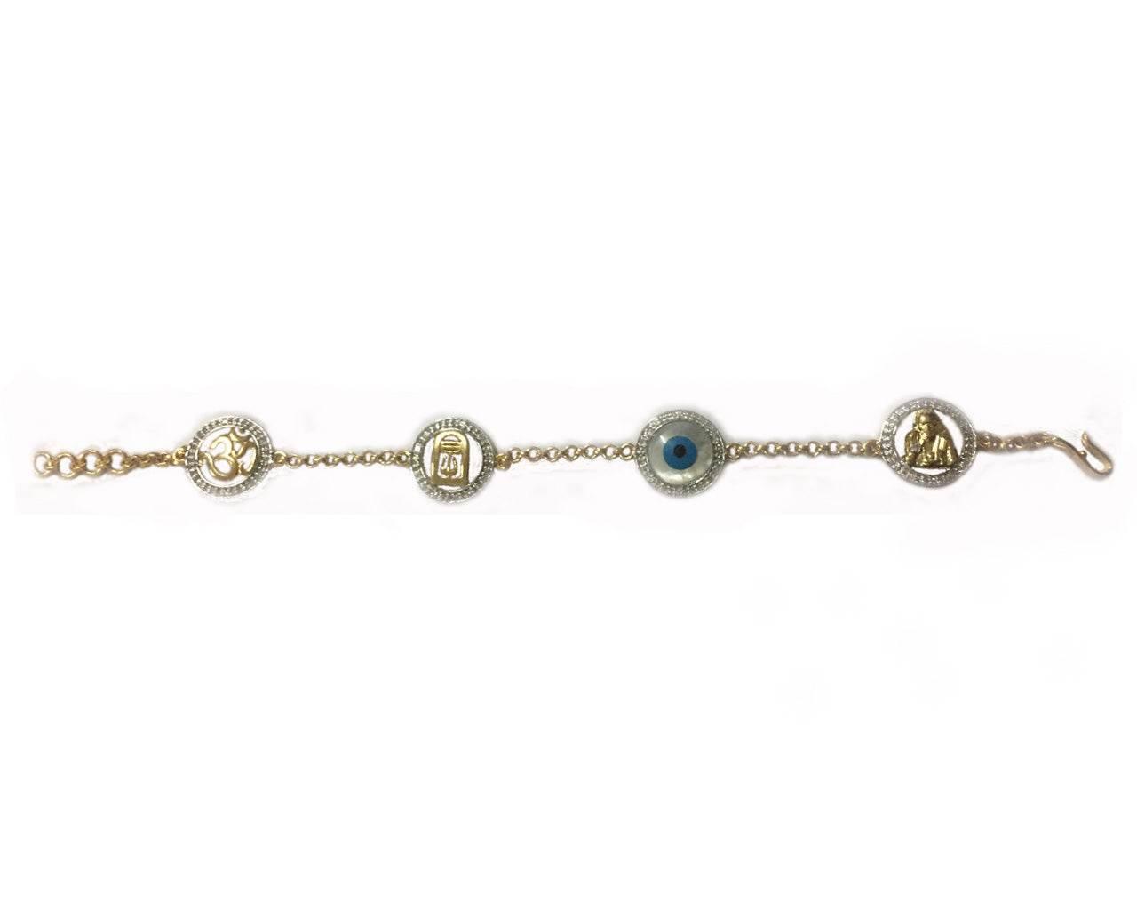 Evil Eye, Aum, Shiv Trishul and ShivLing and Sai Ram all in one, gold bracelet with diamonds - Jewelslane