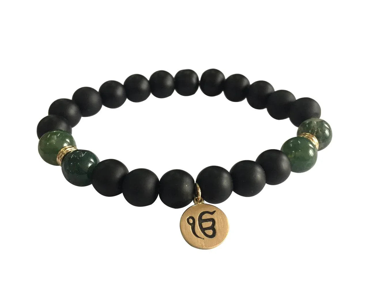 Aumkaara Balance bracelet with Moss Agate and black onyx in gold - Jewelslane