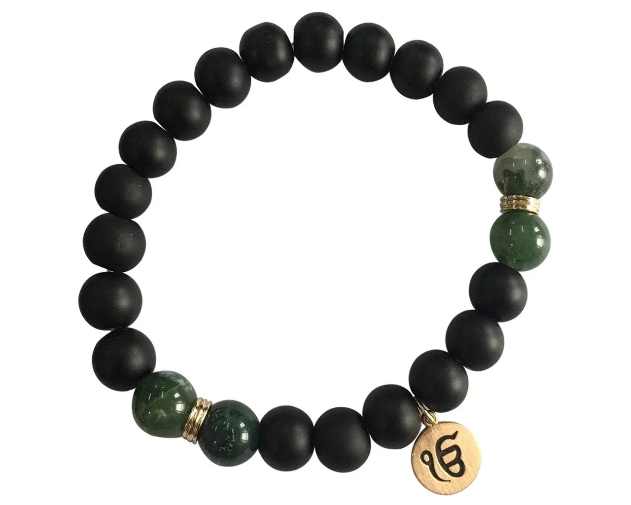 Aumkaara Balance bracelet with Moss Agate and black onyx in gold - Jewelslane