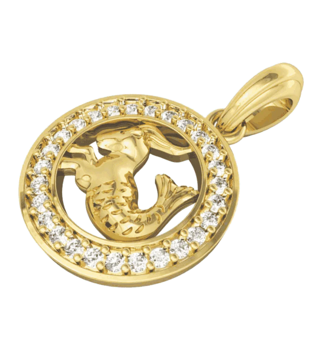 Capricorn Charm Pendant in 14K Gold with Diamonds on Leather Cord - Jewelslane