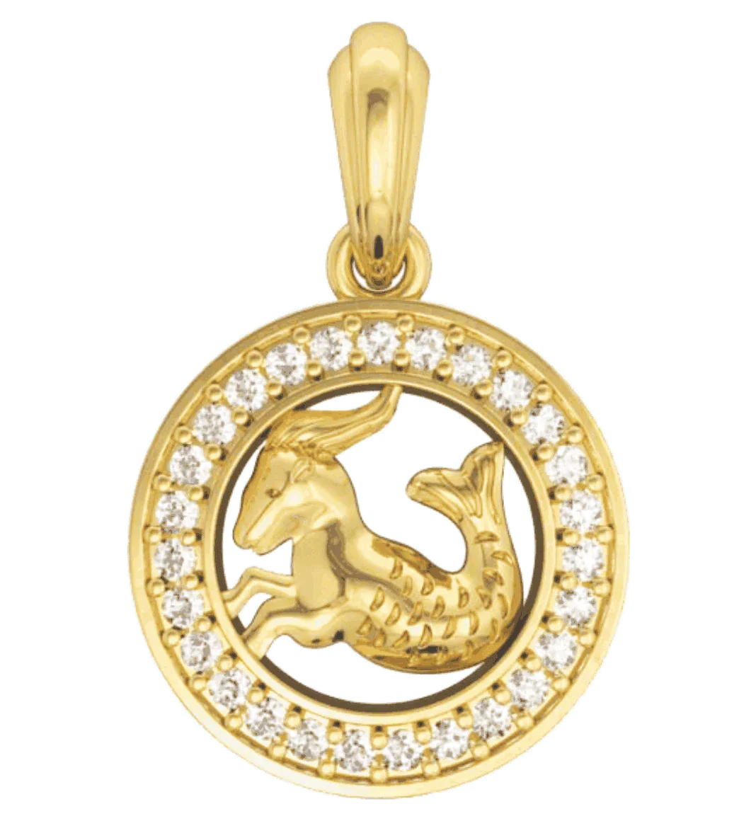 Capricorn Charm Pendant in 14K Gold with Diamonds on Leather Cord - Jewelslane