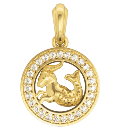 Capricorn Charm Pendant in 14K Gold with Diamonds on Leather Cord - Jewelslane