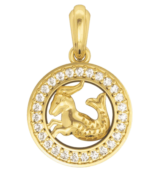Capricorn Charm Pendant in 14K Gold with Diamonds on Leather Cord - Jewelslane
