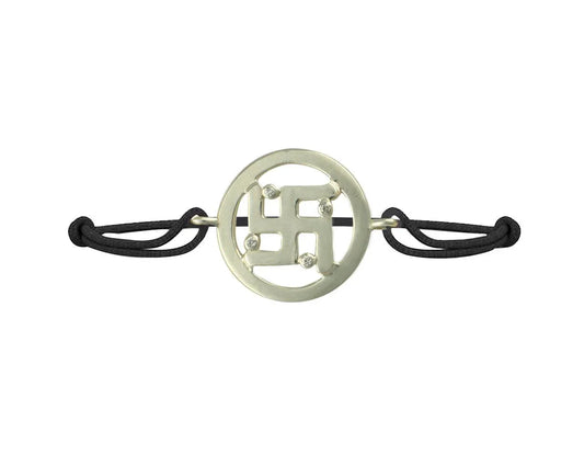 Swastika Diamond Bracelet in 925 Silver on Size Adjustable Nylon Thread - Jewelslane