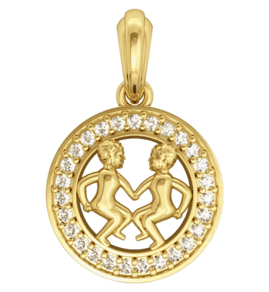 Gemini Charm Pendant in 14K Gold Studded with Diamonds with Leather Cord - Jewelslane