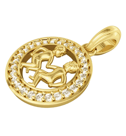 Gemini Charm Pendant in 14K Gold Studded with Diamonds with Leather Cord - Jewelslane