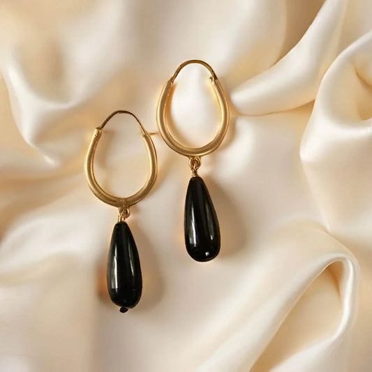 Gold Hoop Earrings with Black Onyx - Jewelslane
