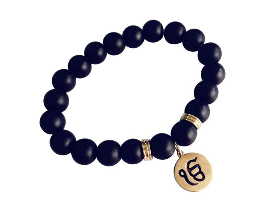 Gold Ik onkar bracelet in 14k on onyx beads - Jewelslane