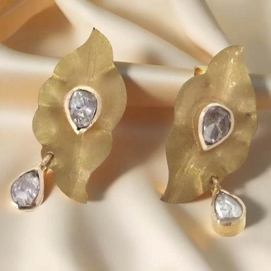 Gold Leaf Earring with Polki - Jewelslane