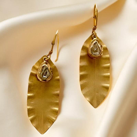 Gold Leaf Earrings with Flat Cut Diamonds - Jewelslane