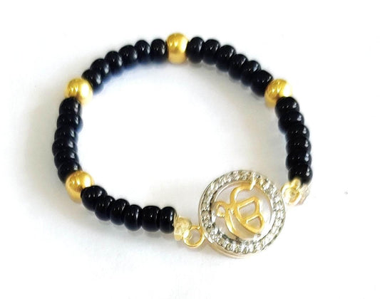New Born Baby Girl Ik Onkaar Diamond Bracelet with Black Nazaria beads - Jewelslane