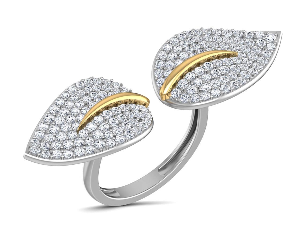 Myra Delicate diamond double finger Leaf ring in gold - Jewelslane