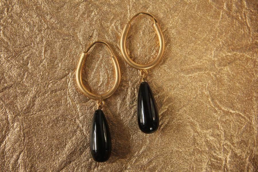 Gold Hoop Earrings with Black Onyx - Jewelslane