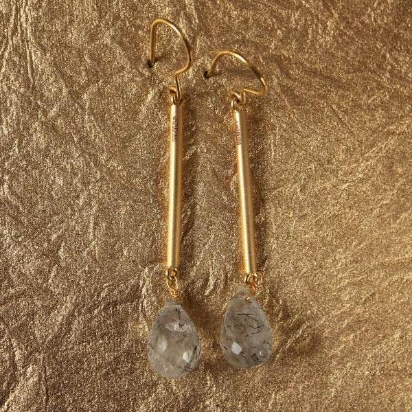Slender Gold Earrings with Rutile Drops - Jewelslane