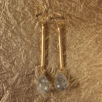 Slender Gold Earrings with Rutile Drops - Jewelslane