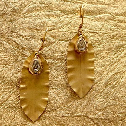 Gold Leaf Earrings with Flat Cut Diamonds - Jewelslane