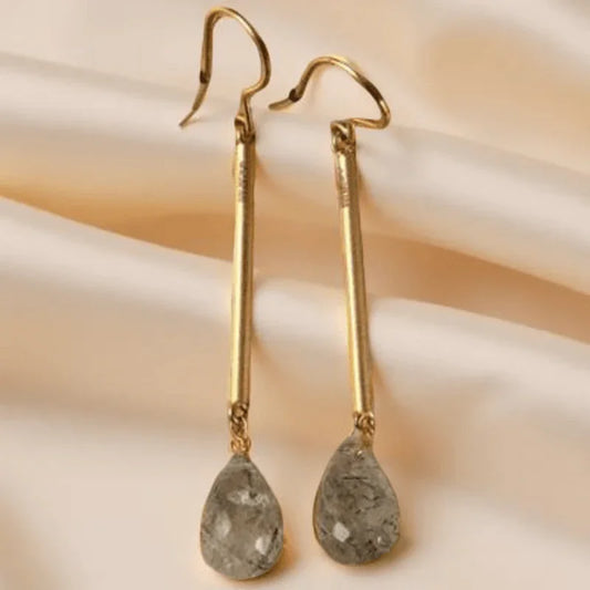Slender Gold Earrings with Rutile Drops - Jewelslane