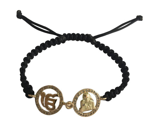 Ik Onkaar & Sai Baba Gold Bracelet with Diamonds on Adjustable Thread - Jewelslane
