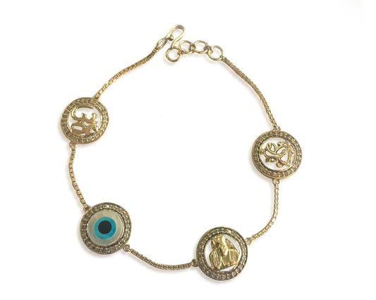 Evileye, Aum, Ganesh & Sairam Bracelet in gold & diamonds with 12mm charms - Jewelslane