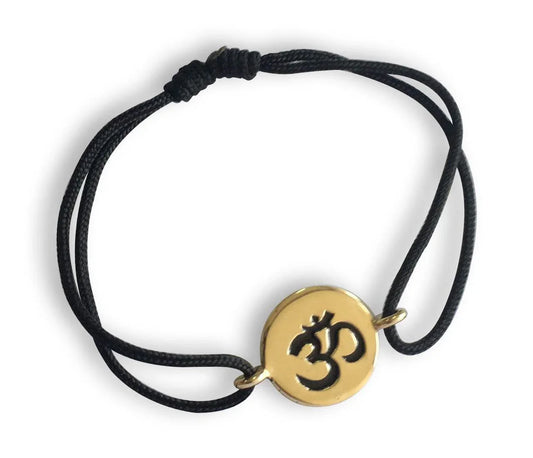 Auspicious Om Bracelet in 14k Gold for New Born Baby on adjustable black thread nazaria - Jewelslane