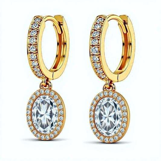 Oval Shape Diamond Solitaire Hoop earrings with diamond Halo - Jewelslane