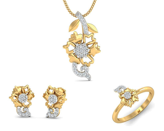 Flora designer diamond pendant, ring & earring set in 14k hallmarked gold - Jewelslane