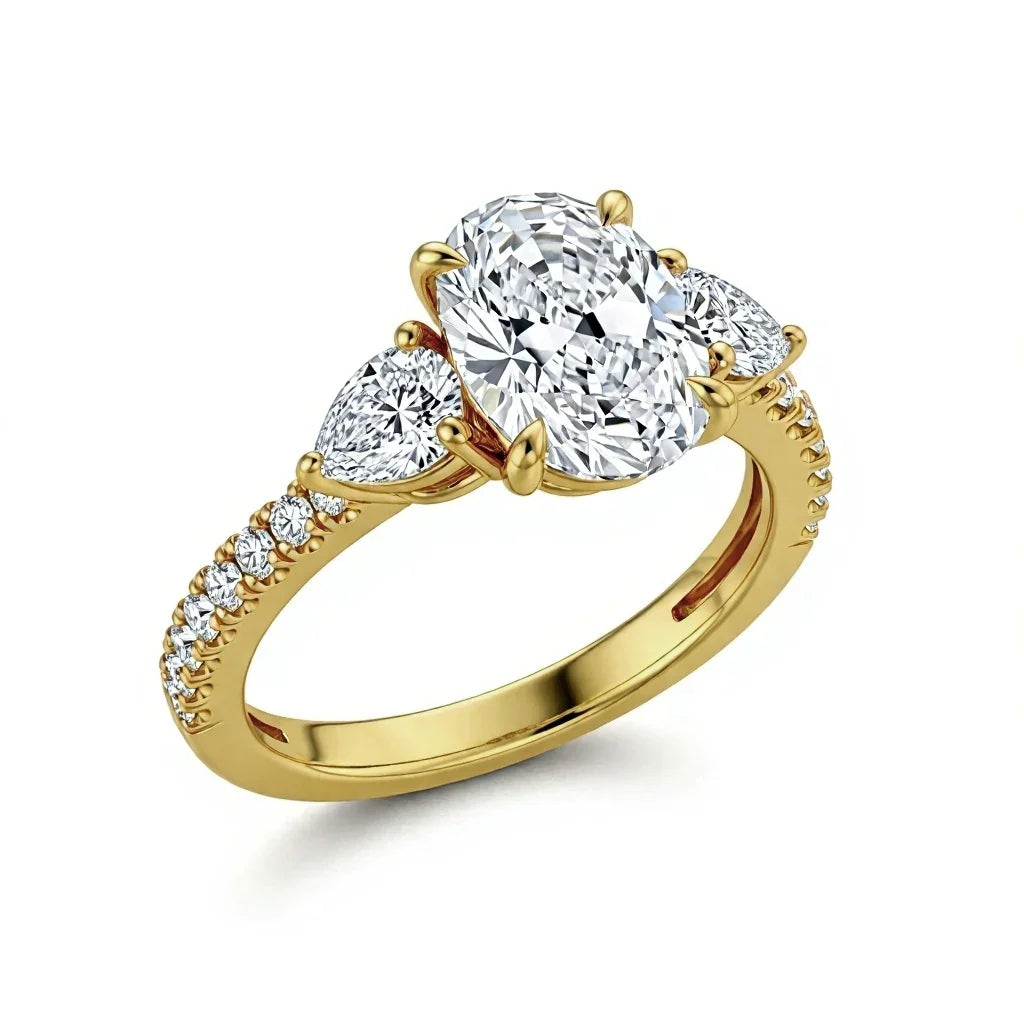 Joice 4 Carat Oval Diamond Ring with pear side stones and pavé shank in gold, rose gold, and white gold – JewelsLane