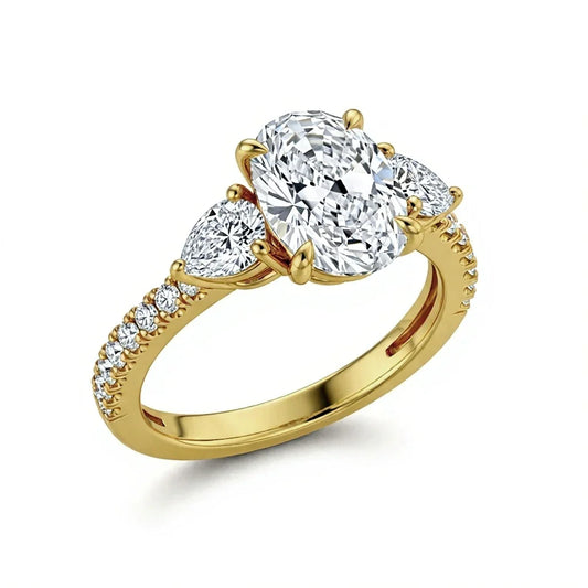 Joice 4 Carat Oval Diamond Ring with pear side stones and pavé shank in gold, rose gold, and white gold – JewelsLane