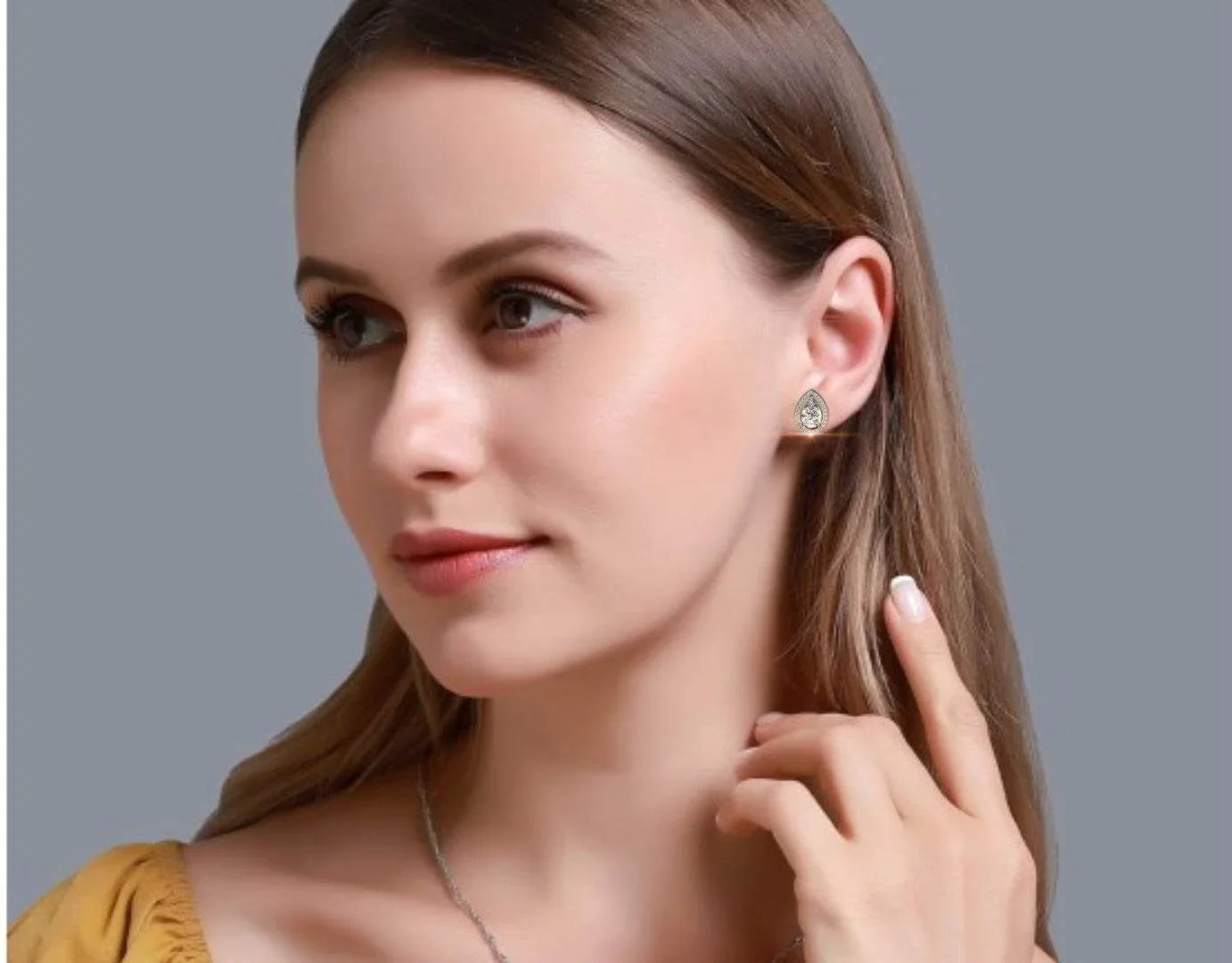 Leena Pear Shape Lab Grown Diamond Solitaire Earrings with diamond Halo in Gold  Additional Image 6