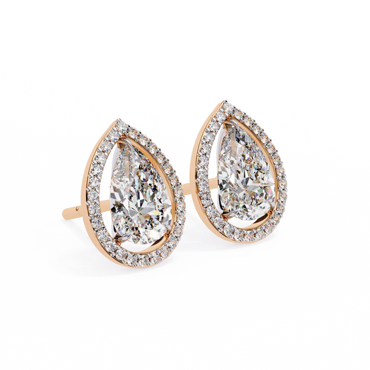Leena Pear Shape Lab Grown Diamond Solitaire Earrings with diamond Halo in Gold - Jewelslane