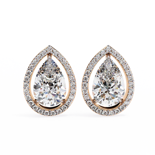 Leena Pear Shape Lab Grown Diamond Solitaire Earrings with diamond Halo in Gold - Jewelslane