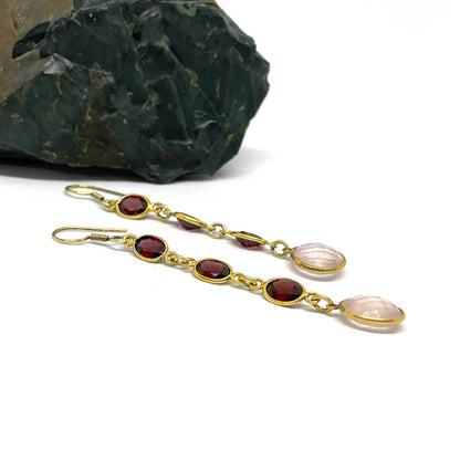 Elegant Long earrings with Rose quartz and garnet - Jewelslane