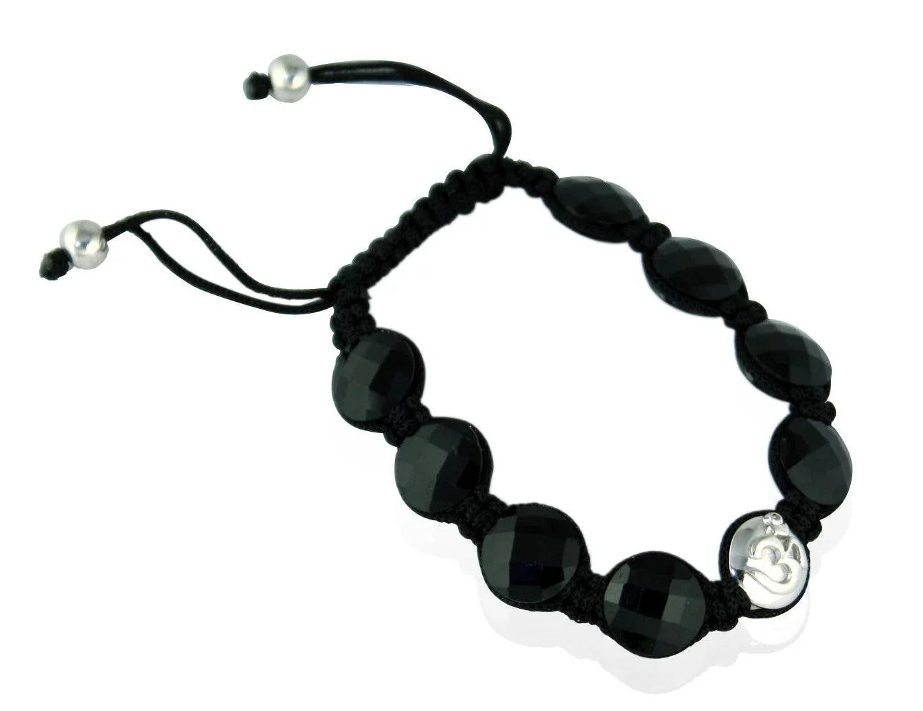 Om Bracelets In Silver with Black Onyx on Size Adjustable Nylon Thread - Jewelslane