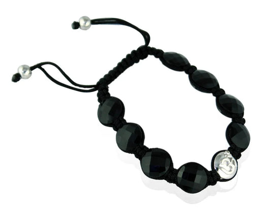 Om Bracelets In Silver with Black Onyx on Size Adjustable Nylon Thread - Jewelslane
