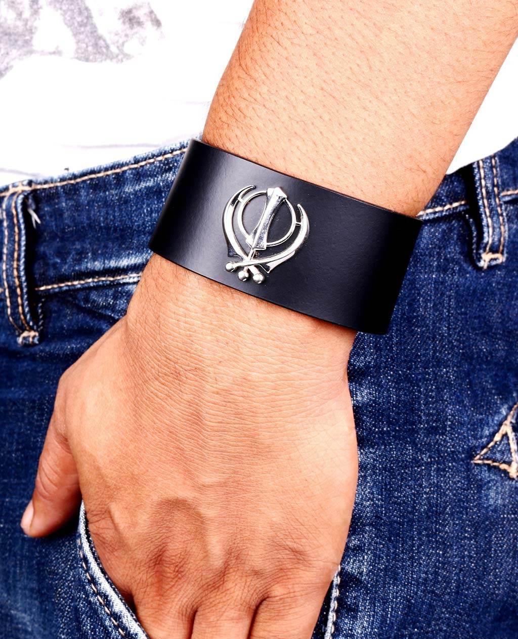 Khanda on wide Leather Band - Jewelslane