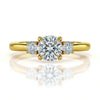 Wei Round Brilliant Cut Diamond Solitaire Ring in yellow gold, rose gold, and white gold with G color VS clarity centre flanked by two 8-cent round diamonds