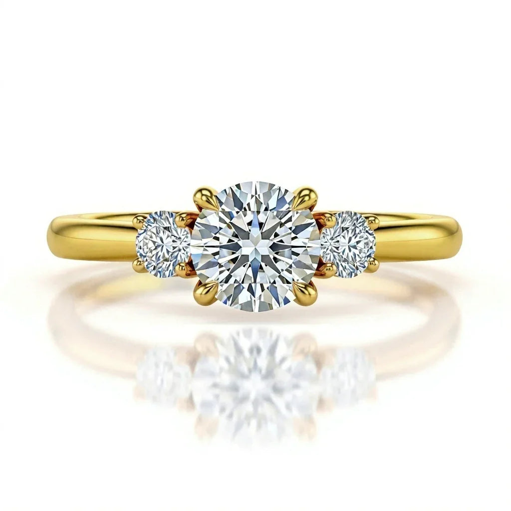 Wei Round Brilliant Cut Diamond Solitaire Ring in yellow gold, rose gold, and white gold with G color VS clarity centre flanked by two 8-cent round diamonds