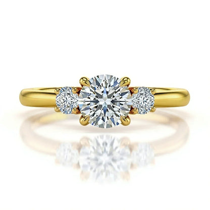 Wei Round Brilliant Cut Diamond Solitaire Ring in yellow gold, rose gold, and white gold with G color VS clarity centre flanked by two 8-cent round diamonds