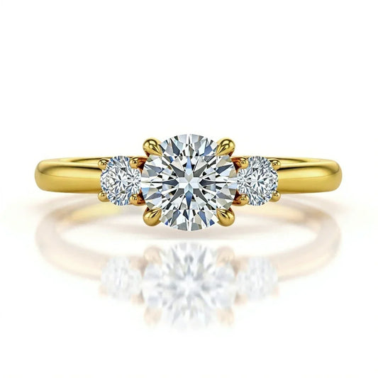 Wei Round Brilliant Cut Diamond Solitaire Ring in yellow gold, rose gold, and white gold with G color VS clarity centre flanked by two 8-cent round diamonds