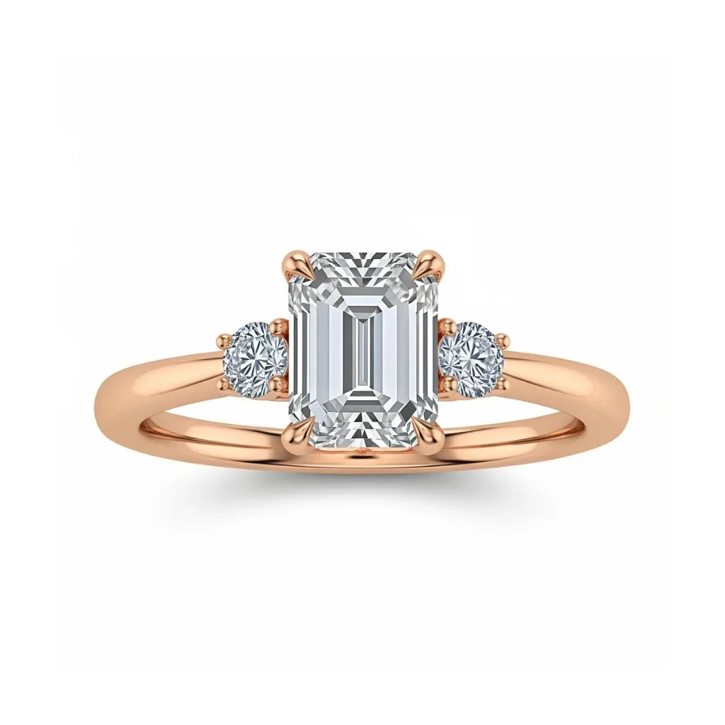 Weni Emerald Cut Lab Diamond Ring in yellow gold, rose gold, and white gold with 50-pointer centre and 8-pointer side diamonds