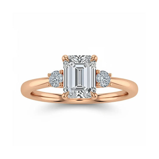 Weni Emerald Cut Lab Diamond Ring in yellow gold, rose gold, and white gold with 50-pointer centre and 8-pointer side diamonds