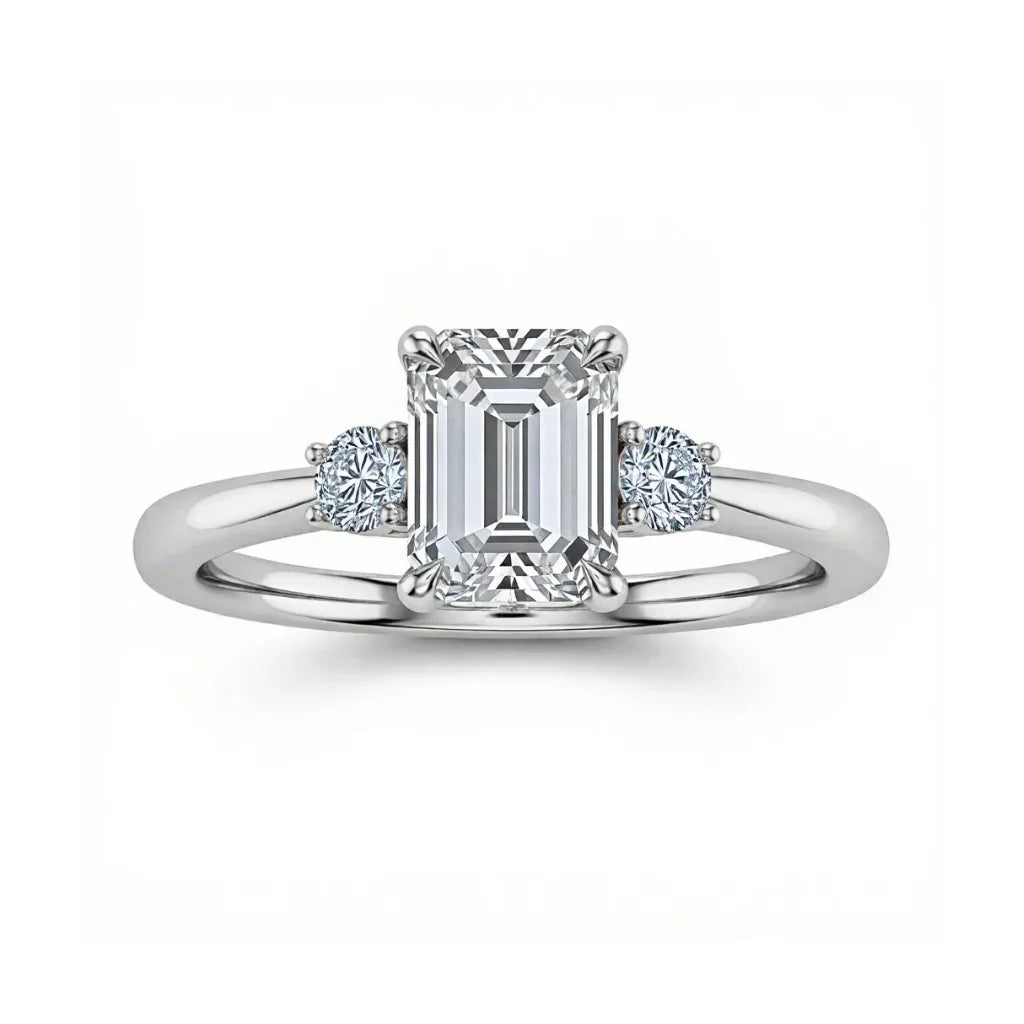 Weni Emerald Cut Lab Diamond Ring in yellow gold, rose gold, and white gold with 50-pointer centre and 8-pointer side diamonds