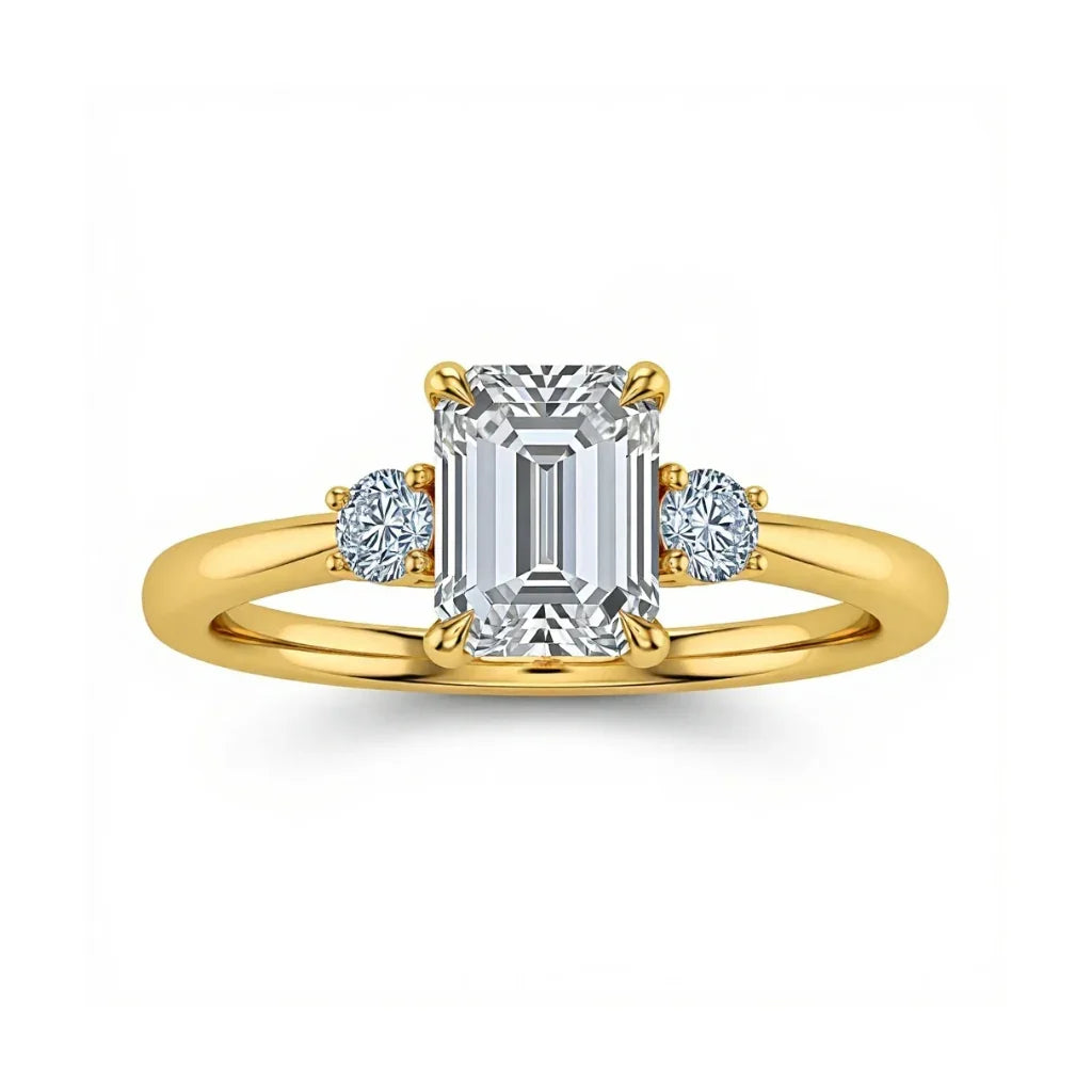 Weni Emerald Cut Lab Diamond Ring in yellow gold, rose gold, and white gold with 50-pointer centre and 8-pointer side diamonds