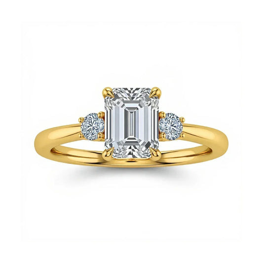 Weni Emerald Cut Lab Diamond Ring in yellow gold, rose gold, and white gold with 50-pointer centre and 8-pointer side diamonds