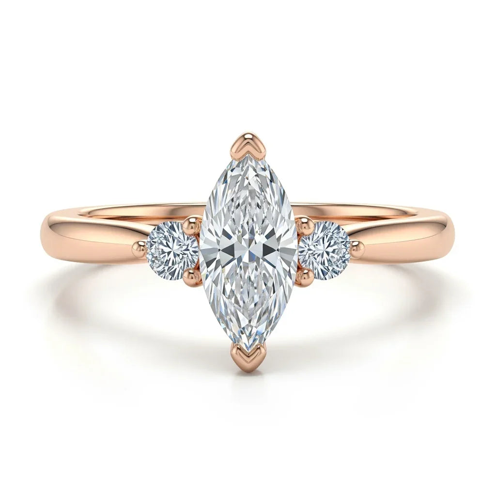 Wendi marquise shape lab grown diamond solitaire ring in yellow gold, rose gold, and white gold with 50 pointer G color centre and 8 pointer side diamonds