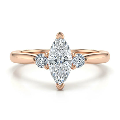 Wendi marquise shape lab grown diamond solitaire ring in yellow gold, rose gold, and white gold with 50 pointer G color centre and 8 pointer side diamonds
