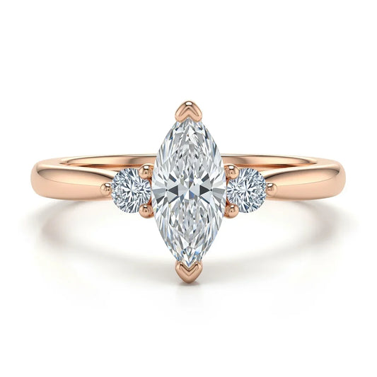 Wendi marquise shape lab grown diamond solitaire ring in yellow gold, rose gold, and white gold with 50 pointer G color centre and 8 pointer side diamonds