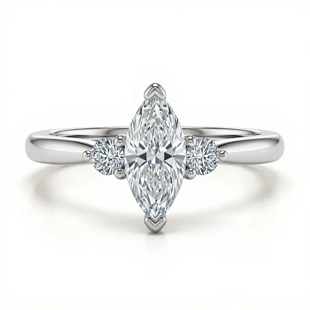 Wendi marquise shape lab grown diamond solitaire ring in yellow gold, rose gold, and white gold with 50 pointer G color centre and 8 pointer side diamonds