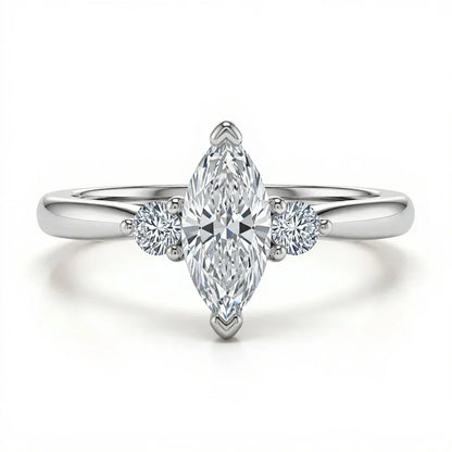 Wendi marquise shape lab grown diamond solitaire ring in yellow gold, rose gold, and white gold with 50 pointer G color centre and 8 pointer side diamonds